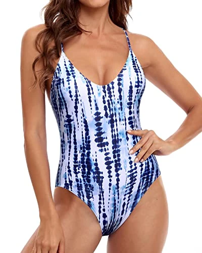 High-Legged One Piece Swimsuit Cross Back One Piece Swimwear-Blue Tie Dye 1 High-Legged One Piece Swimsuit Cross Back One Piece Swimwear-Blue Tie Dye