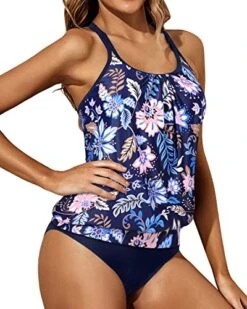 Adjustable Shoulder Straps Tankini Swimsuits-Blue Floral -Bikini Beach Shop 51 OlL292UL