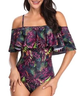Feminine One Piece Swimsuit Off Shoulder Ruffles-Purple Leaf -Bikini Beach Shop 51 iyiy3WqL