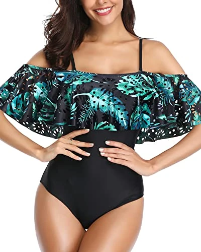 One Piece Off Shoulder Lace Swimsuits Ruffle Flounce Hollow Bathing Suits-Black And Green Leaves 3 One Piece Off Shoulder Lace Swimsuits Ruffle Flounce Hollow Bathing Suits-Black And Green Leaves - Image 3