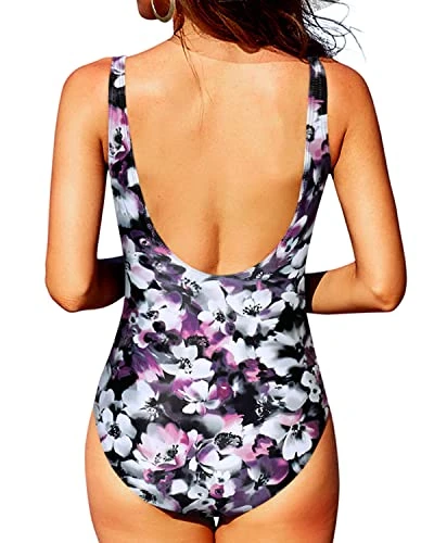 Stylish U Back Design Ruched Tummy Control Swimwear-Purple Floral 3 Stylish U Back Design Ruched Tummy Control Swimwear-Purple Floral - Image 3