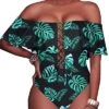 Flounce One Piece Swimsuit Off-The-Shoulder Lace-Up Backless Bathing Suit-Black And Green Leaf