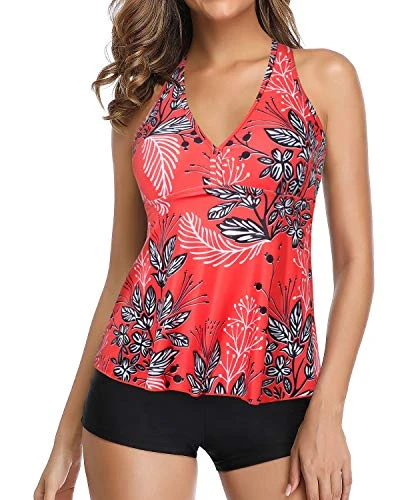 Sporty Bathing Suit Tummy Slimming Shirred Swim Tops And Boyshort-Red Floral 1 Sporty Bathing Suit Tummy Slimming Shirred Swim Tops And Boyshort-Red Floral