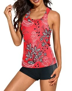 Athletic 3 Piece Tankini Swimwear Keyhole For Women-Red Floral -Bikini Beach Shop 51ax7VJkUzL