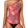 Women's 2 Piece Tankini One Shoulder Top & Flattering Shorts-Red Floral
