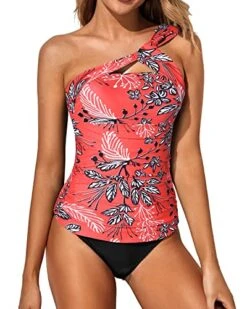 Women's 2 Piece Tankini One Shoulder Top & Flattering Shorts-Red Floral
