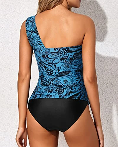 Women's Two Piece Tankini One Shoulder Top & Ruched Shorts-Black And Tribal Blue 2 Women's Two Piece Tankini One Shoulder Top & Ruched Shorts-Black And Tribal Blue - Image 2