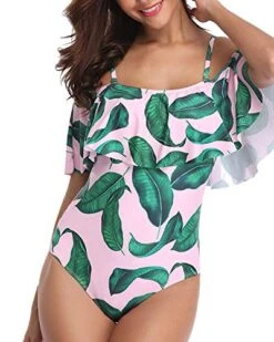 Vintage Off-Shoulder Ruffle One Piece Swimsuits-Pink Leaf -Bikini Beach Shop 51cVMPB93ZL e90426d6 bbd1 4c6f 9a1d d5bc12577170