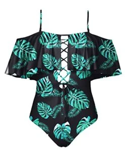 Flounce One Piece Swimsuit Off-The-Shoulder Lace-Up Backless Bathing Suit-Black And Green Leaf -Bikini Beach Shop 51cW1X0axbL