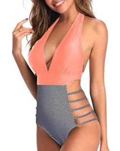 Women Sexy One Piece Swimsuits Cutout Monokini Plunge V Neck Halter Bathing Suits-Coral Pink Stripe -Bikini Beach Shop 51d3mKdAXWL cbf30308 2b3f 42ff b3a7 38f934779fbd