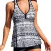 V Neck Swimsuit Tummy Control Bottom & Racerback Top For Women-Black Tribal