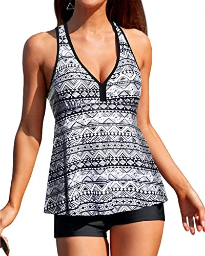 V Neck Swimsuit Tummy Control Bottom & Racerback Top For Women-Black Tribal 1 V Neck Swimsuit Tummy Control Bottom & Racerback Top For Women-Black Tribal