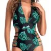 Removable Padded Push-Up Bra Sexy One Piece Swimsuits-Black And Green Leaf