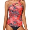 Women's Tankini Set One Shoulder Top & Ruched Shorts-Red Floral