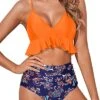 High Waisted Two Piece Tummy Control Bikini For Women-Orange And Blue