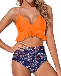 High Waisted Two Piece Tummy Control Bikini For Women-Orange And Blue