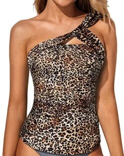 Tummy Control One Shoulder Swimsuit Top Removable Pads Tankini Top-Leopard
