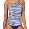 Stylish One Shoulder Swim Top 2 Piece Tankini Bathing Suits For Women Shorts-Blue White Stripe