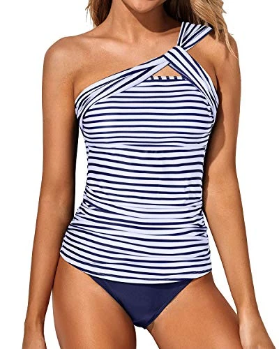Stylish One Shoulder Swim Top 2 Piece Tankini Bathing Suits For Women Shorts-Blue White Stripe 1 Stylish One Shoulder Swim Top 2 Piece Tankini Bathing Suits For Women Shorts-Blue White Stripe
