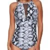 Ruched High-Neck Mesh Swimsuit Plunging Back For Women-Black And White Snake Print