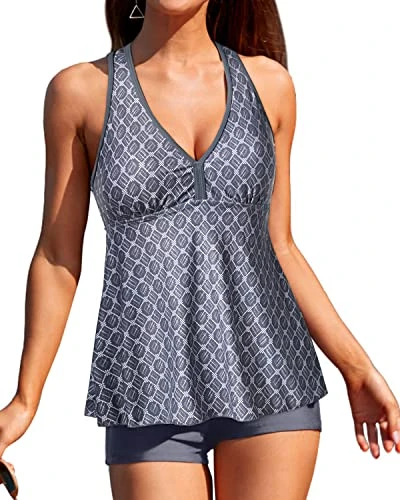 Tummy Control Two Piece Swimsuit Racerback Tankini-Grey Tribal 1 Tummy Control Two Piece Swimsuit Racerback Tankini-Grey Tribal