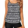 2 Piece Women Loose Blouson Tankini Tops Bathing Suits-Black Tribal