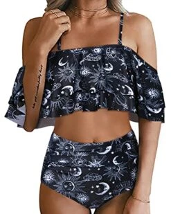 Attractive Off Shoulder High Waisted Ruffle Bikini Set-Black Sun And Moon
