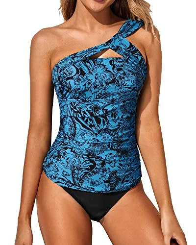 Women's Two Piece Tankini One Shoulder Top & Ruched Shorts-Black And Tribal Blue 1 Women's Two Piece Tankini One Shoulder Top & Ruched Shorts-Black And Tribal Blue