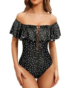 Lace Up Ruffled Bathing Suit For Longer Torso One Piece Swimsuit-Black White Dot