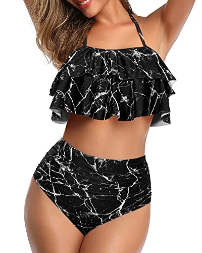 Sultry Backless Two Piece Swimsuits Ruffled Halter Top For Teens-Black Marble 4 Sultry Backless Two Piece Swimsuits Ruffled Halter Top For Teens-Black Marble - Image 4