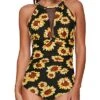 Stylish Plunge Neck Women's One Piece Swimsuit-Black And Sunflower