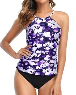 Elegant High Neck Ruched Tankini Swimsuit For Women-Blue Floral