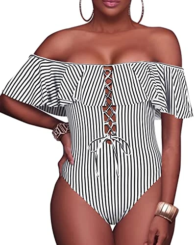 Flattering One Piece Lace Up Ruffled Bathing Suit-Black And White Stripe 1 Flattering One Piece Lace Up Ruffled Bathing Suit-Black And White Stripe