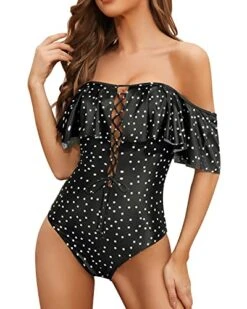 Lace Up Ruffled Bathing Suit For Longer Torso One Piece Swimsuit-Black White Dot -Bikini Beach Shop 51h8WuMi 8L