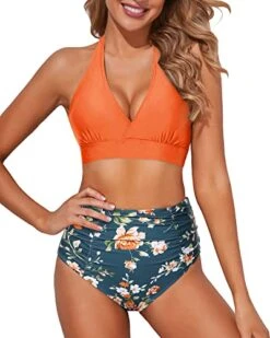 Halter Self Tie High Waisted Bikini Set Women's Bikini Swimsuits-Orange Flowers