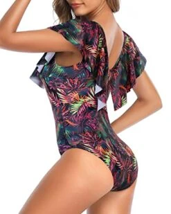 V Back Ruffle Shoulders One Piece Swimsuit-Purple Leaf -Bikini Beach Shop 51hINrjXFWL