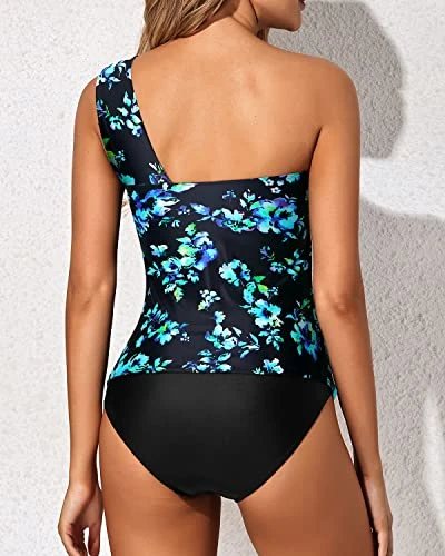Ruched & Padded Bra Support Two Piece Tankini Bathing Suits For Women-Black Blue Floral 3 Ruched & Padded Bra Support Two Piece Tankini Bathing Suits For Women-Black Blue Floral - Image 3