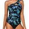 Ruched & Padded Bra Support Two Piece Tankini Bathing Suits For Women-Black Blue Floral