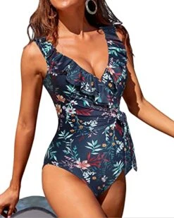 Slimming Bathing Suit Flattering Ruffle V Neck One Piece Swimsuits-Blue Flower -Bikini Beach Shop 51iB2MkvviL