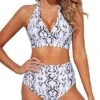 Tummy Control High Waisted Two Piece Bikini Set For Women-Snake Print
