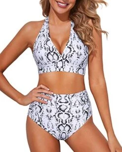 Tummy Control High Waisted Two Piece Bikini Set For Women-Snake Print
