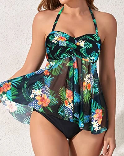 Flyaway Halter Bandeau Tankini For Women Mid Rise Bottoms-Black Pineapple 2 Flyaway Halter Bandeau Tankini For Women Mid Rise Bottoms-Black Pineapple - Image 2