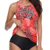 Cute Halter Two Piece Tankini Swimsuits High Neck And Shorts-Red Floral