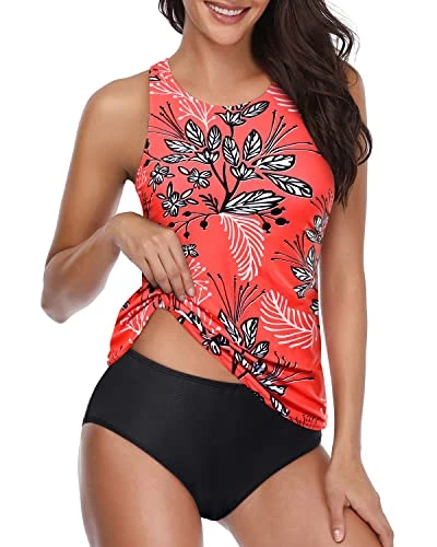 Cute Halter Two Piece Tankini Swimsuits High Neck And Shorts-Red Floral 1 Cute Halter Two Piece Tankini Swimsuits High Neck And Shorts-Red Floral