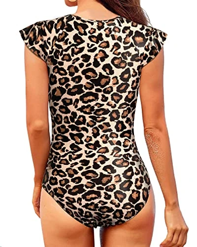 Women's Short Sleeve Rash Guard High Neck And Zipper-Leopard 2 Women's Short Sleeve Rash Guard High Neck And Zipper-Leopard - Image 2