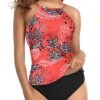 Padded Push Up Tummy Slimming 2 Piece Tankini Swimsuits For Women-Red Floral