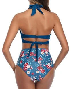 Figure-Flattering Pleated Front Halter Ruched High Waist Bikini-Blue Floral -Bikini Beach Shop 51jJlZlhazL