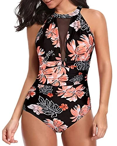 Elegant High Neck Women's Monokini Swimsuit-Black Orange Floral 1 Elegant High Neck Women's Monokini Swimsuit-Black Orange Floral
