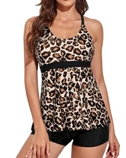 Flattering Tummy Control Tankini Boyshorts Swimsuit-Black And Leopard