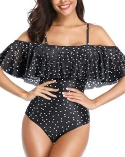 Women One Piece Off Shoulder Lace Swimsuits-Black White Dot -Bikini Beach Shop 51k6tDTxuXL